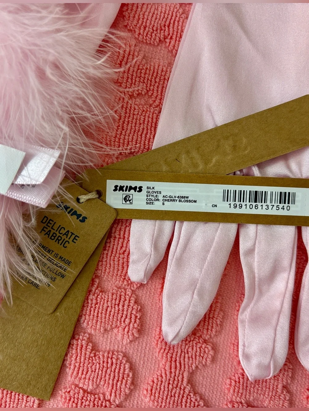 SKIMS Silk Gloves with Marabou Trim | Cherry Blossom | S | NWT